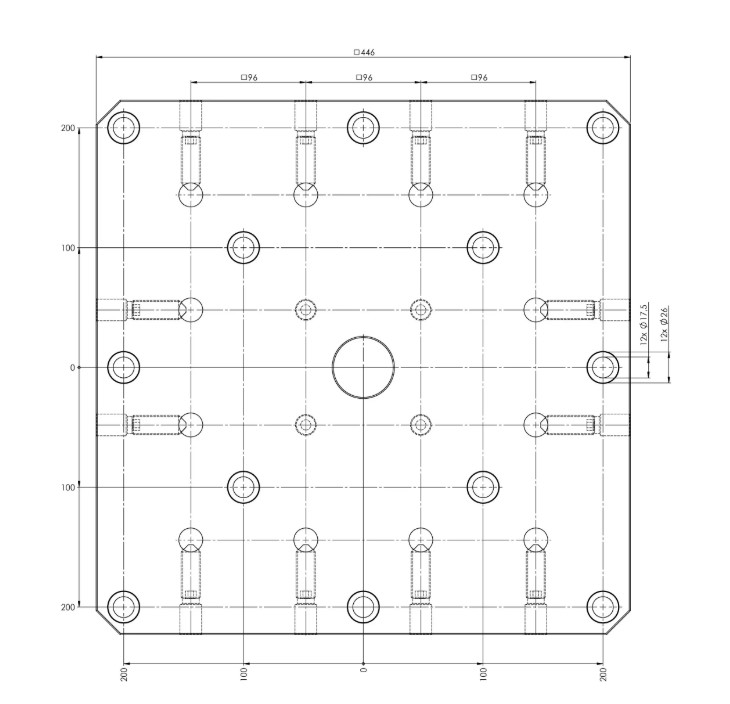Lang Technik Quick•Tower Universal Base Plate, 446×446×27 mm, with bores